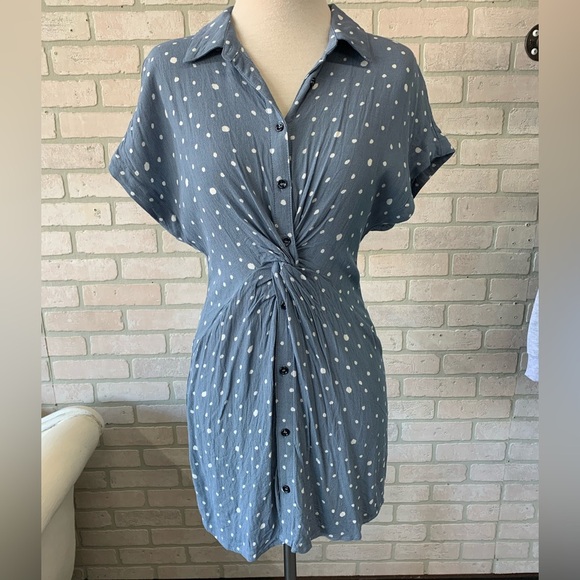 Vici Tops - Blue Polka Dot Button-front short sleeve dress with front twist detail